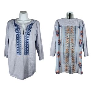 MULTIPLES MIXED PRINT V-NECK ROLL TAB BLOUSE